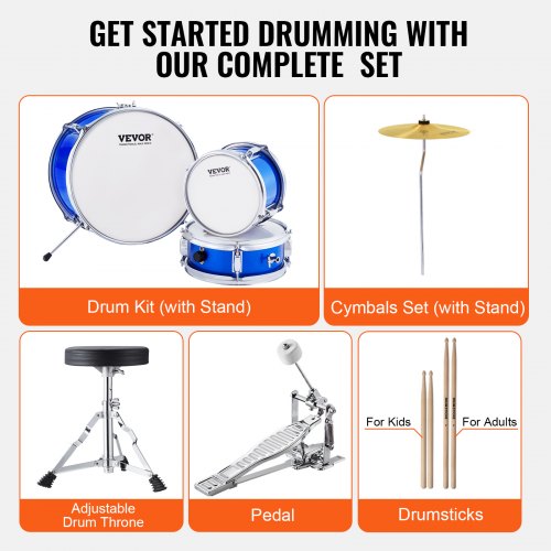 Kids Drum Set 3Piece 14 in Beginner Drum Set with Adjustable Throne