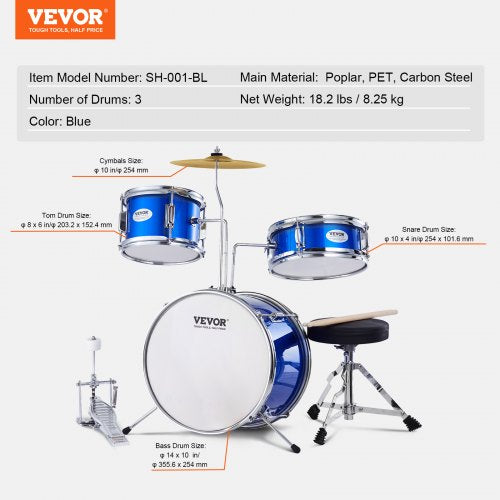 Kids Drum Set 3Piece 14 in Beginner Drum Set with Adjustable Throne