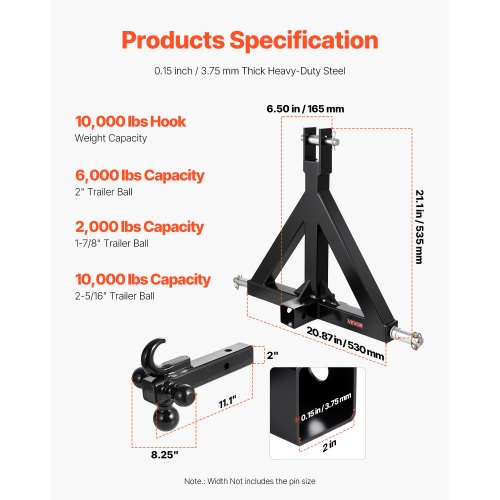 3 Point Trailer Hitch 2 in Receiver 3pt Quick Hitch Attachment with 3