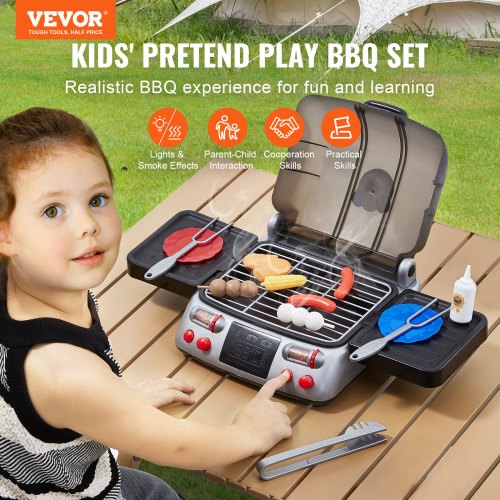 Kids BBQ Grill Toy Set with Pretend Smoke Sound Light Play Food Kitchen