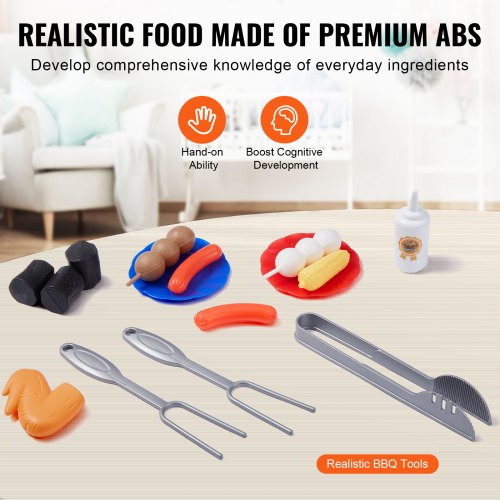 Kids BBQ Grill Toy Set with Pretend Smoke Sound Light Play Food Kitchen
