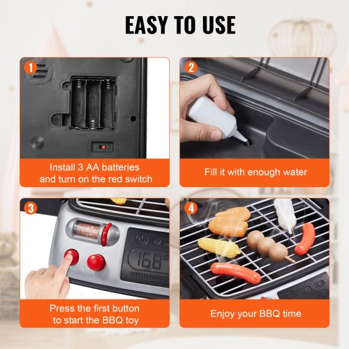 Kids BBQ Grill Toy Set with Pretend Smoke Sound Light Play Food Kitchen