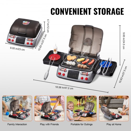 Kids BBQ Grill Toy Set with Pretend Smoke Sound Light Play Food Kitchen