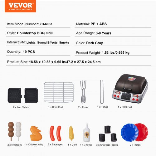 Kids BBQ Grill Toy Set with Pretend Smoke Sound Light Play Food Kitchen