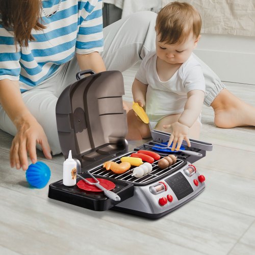Kids BBQ Grill Toy Set with Pretend Smoke Sound Light Play Food Kitchen