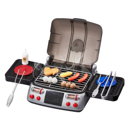 Kids BBQ Grill Toy Set with Pretend Smoke Sound Light Play Food Kitchen
