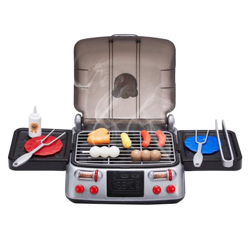 Kids BBQ Grill Toy Set with Pretend Smoke Sound Light Play Food Kitchen