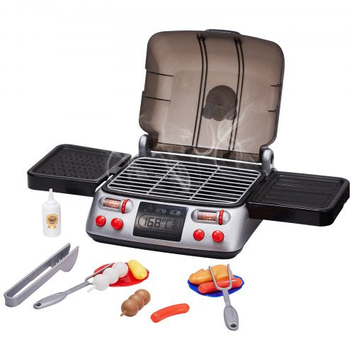 Kids BBQ Grill Toy Set with Pretend Smoke Sound Light Play Food Kitchen
