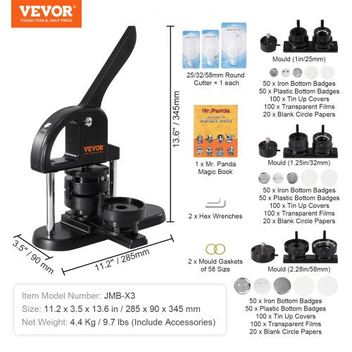 Button Maker 1/1.25/2.28 inch(25/32/58mm) 3IN1 Pin Maker with 300pcs