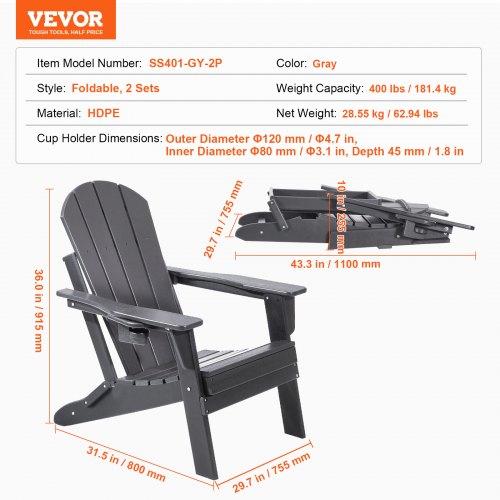 Adirondack Chair Plastic Set of 2 AllWeather Portable Folding Fire Pit