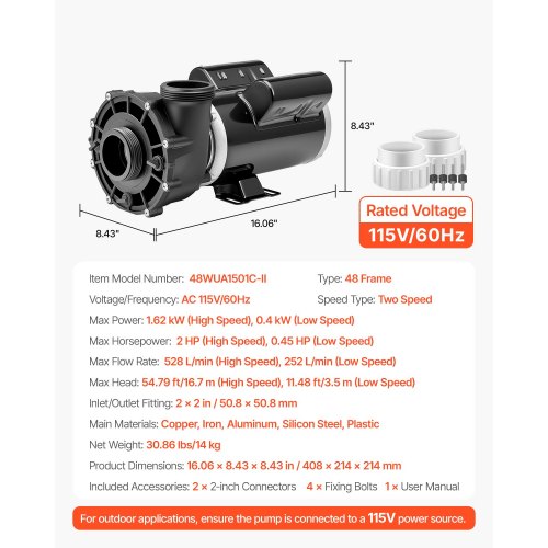 SPA Pump 2 HP 2Speed Hot Tub Pump with 2Inch Port 1395 GPM High and 665 GPM Low