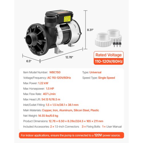 SPA Pump 1.5 HP 110V Hot Tub Bathtub Circulation Pump with 15Inch Port