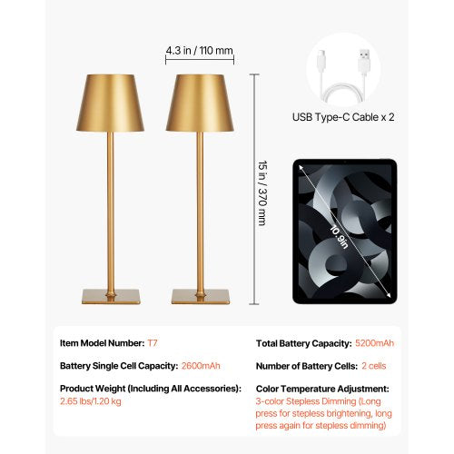 Cordless Table Lamp 2Pack 5200mAh Builtin Rechargeable Battery Desk