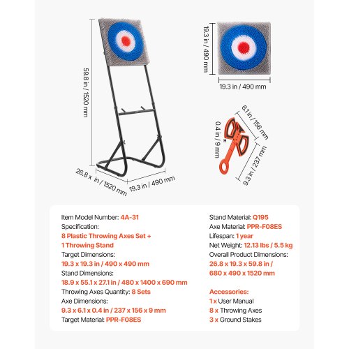 Axe Throwing Game Plastic Bristle Target with 8 Throwing Axes Set Foldable