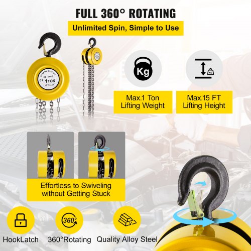 Hand Chain Hoist 2200 lbs 1 Ton Capacity Chain Block 15ft4.5m Lift