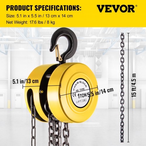 Hand Chain Hoist 2200 lbs 1 Ton Capacity Chain Block 15ft4.5m Lift