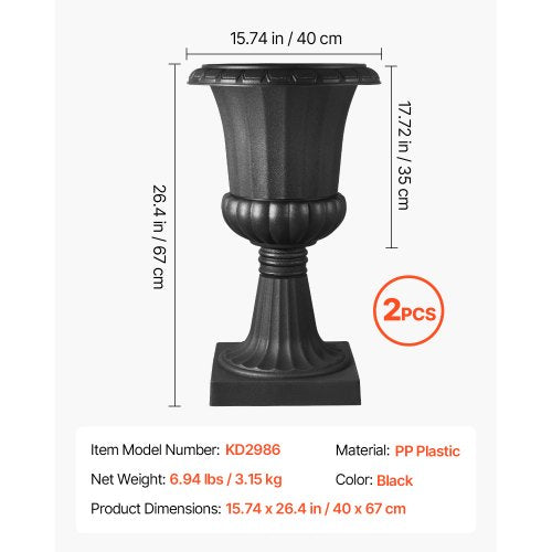 Plastic Urn Planters 158 x 26.4 Inch 2 Pack Black Classic Flower Pots