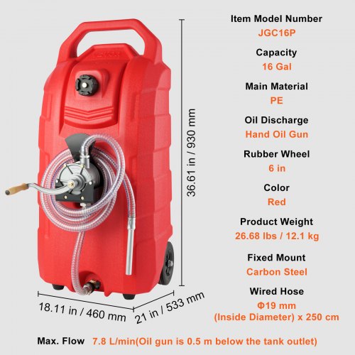 16 Gallon Fuel Caddy 78 Lmin Portable Gas Storage Tank Container with Hand Pump