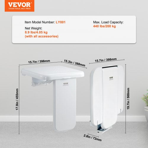 Folding ABS Shower Seat 157 x 167 Unfolded Wall Mounted Fold Up Shower Bench