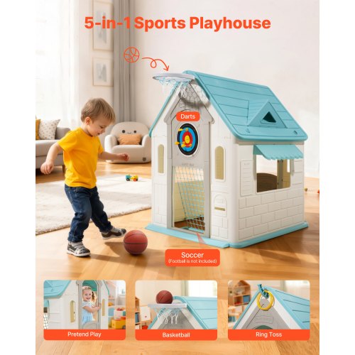 Outdoor Playhouse 5In1 Cottage Play House With Pretend Basketball Darts Soccer
