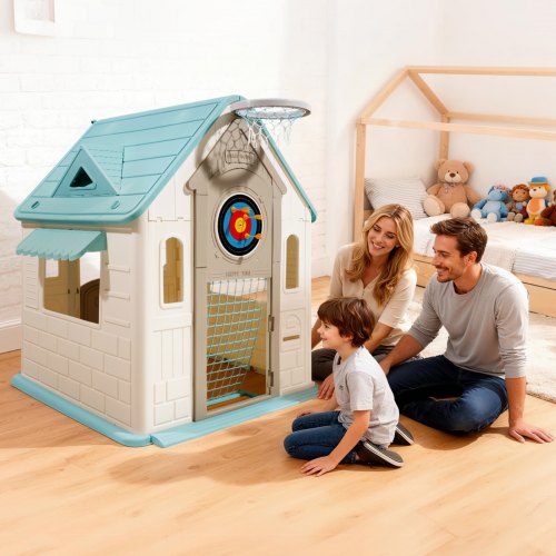 Outdoor Playhouse 5In1 Cottage Play House With Pretend Basketball Darts Soccer