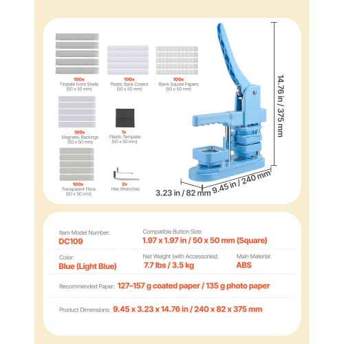 Button Maker Machine 1.97 x 1.97 in Square Plastic Pin Maker with Tinplate