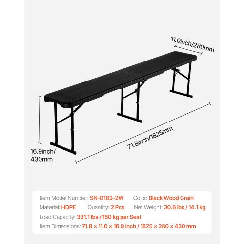Plastic Folding Bench 6 ft Portable Bench for Outdoor Picnic Party Camping