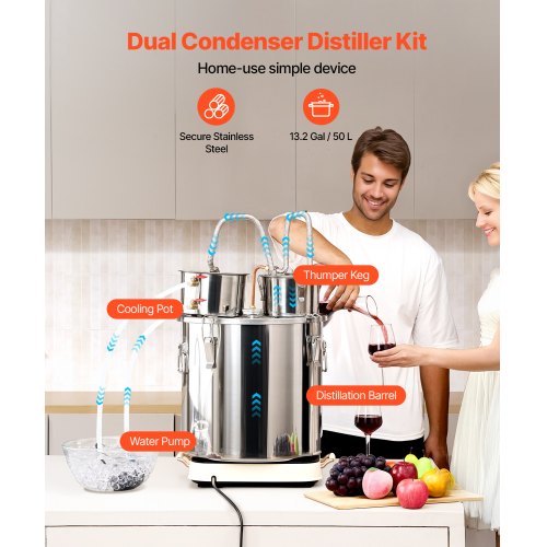 Alcohol Still 13.2 Gal 50 L Stainless Steel Water Alcohol Distiller with Copper