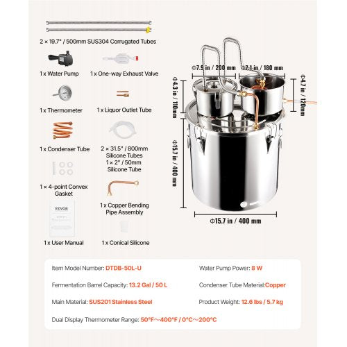 Alcohol Still 13.2 Gal 50 L Stainless Steel Water Alcohol Distiller with Copper