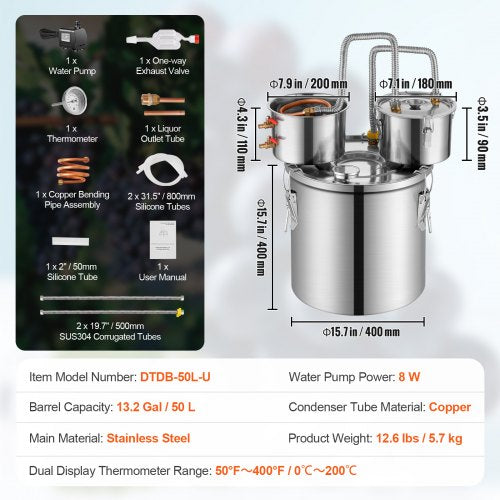 Alcohol Still 13.2 Gal 50 L Stainless Steel Water Alcohol Distiller with Copper