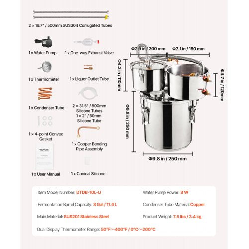 Alcohol Still 3 Gal 11.4 L Stainless Steel Water Alcohol Distiller with Copper