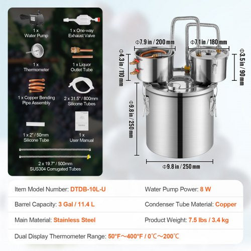 Alcohol Still 3 Gal 11.4 L Stainless Steel Water Alcohol Distiller with Copper