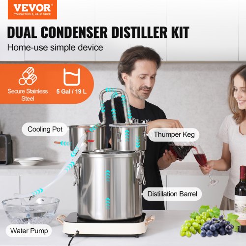 Alcohol Still 5 Gal 19 L Stainless Steel Water Alcohol Distiller with Copper