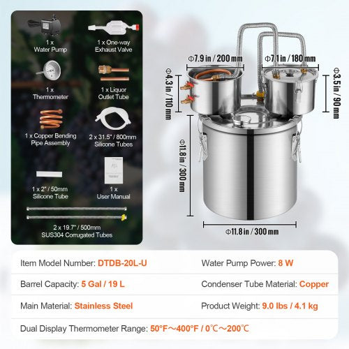 Alcohol Still 5 Gal 19 L Stainless Steel Water Alcohol Distiller with Copper