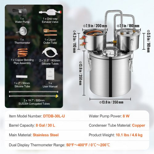 Alcohol Still 8 Gal 30 L Stainless Steel Water Alcohol Distiller with Copper