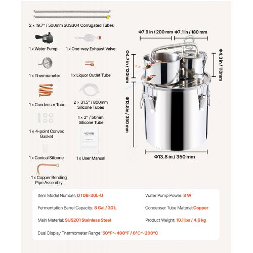 Alcohol Still 8 Gal 30 L Stainless Steel Water Alcohol Distiller with Copper