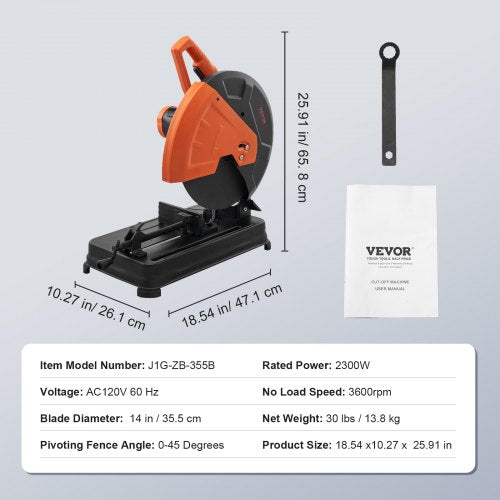 Abrasive Chop Saw 14355mm Blade Diameter Cut Off Saw 2300W 3600RPM Steel