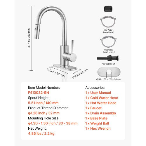 Single Handle Sink Faucet Brushed Nickel Kitchen Faucet with Pull Down Sprayer