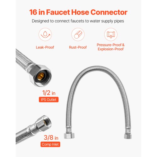 Faucet Hose Connector 16Inch Length 38 Inch Comp x 12 Inch FIP 10Pack
