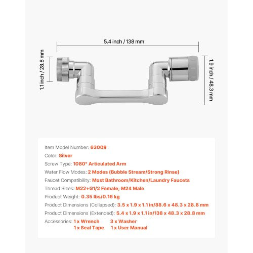 1080° Swivel Faucet Extender 2 Sprayer Modes Sink Water Faucet Aerator