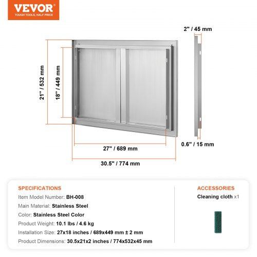 BBQ Access Door 30W x 21H Inch Double Outdoor Kitchen Door Stainless Steel