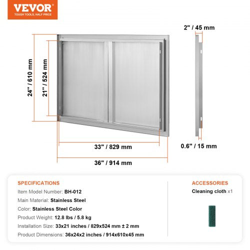 BBQ Access Door 36W x 24H Inch Double Outdoor Kitchen Door Stainless Steel