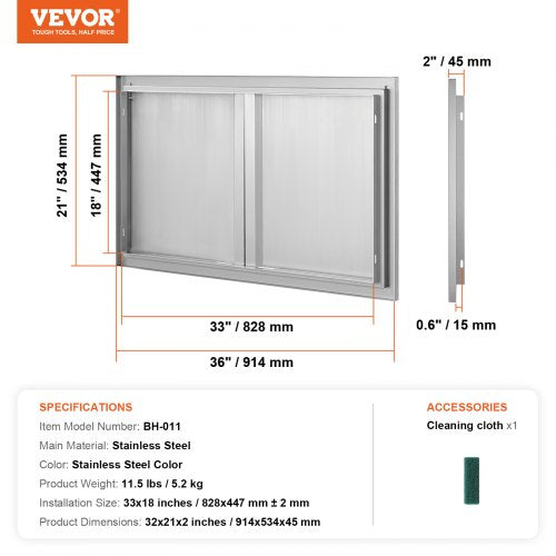 BBQ Access Door 36W x 21H Inch Double Outdoor Kitchen Door Stainless Steel