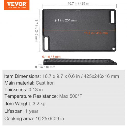 Reversible GrillGriddle 97x167 PreSeasoned Cast Iron Griddle