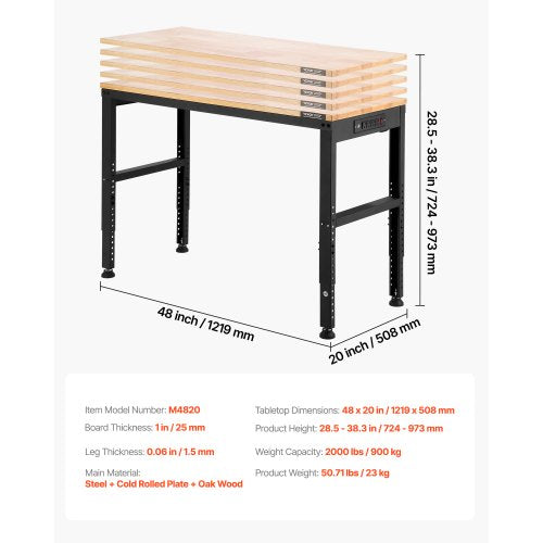 Adjustable Workbench 2000 lbs Capacity 48 x 20inch Heavy Duty Work Bench