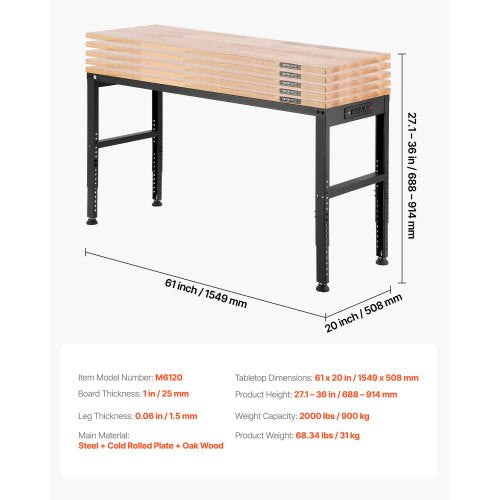Adjustable Workbench 2000 lbs Capacity 61 x 20inch Heavy Duty Work Bench