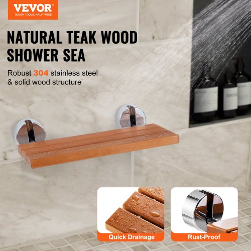 Folding Teak Shower Seat 201 x 132 Unfolded Wall Mounted Fold Up Shower Bench