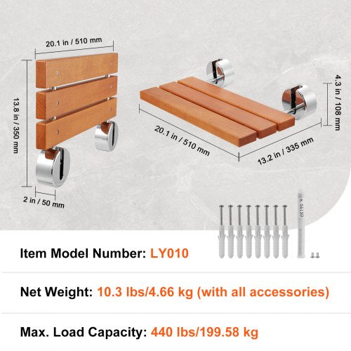 Folding Teak Shower Seat 201 x 132 Unfolded Wall Mounted Fold Up Shower Bench
