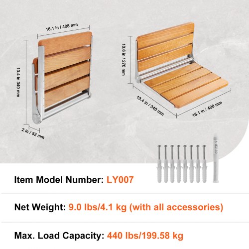 Folding Oak Shower Seat 161 x 134 Unfolded Wall Mounted Fold Up Shower