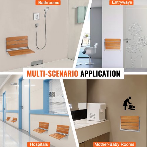 Folding Teak Shower Seat 209 x 16 Unfolded Wall Mounted Fold Up Shower